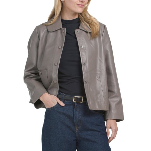 BOD & CHRISTENSEN Gunmetal Leather Collared Jacket - Picture 1 of 2